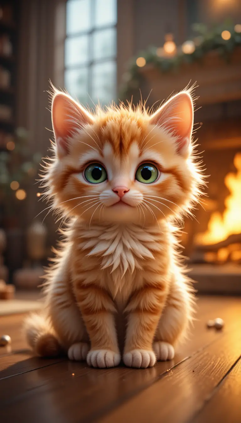 Gatinho Laranja Fofinho Brilhando ao Lado de uma Lareira Aconchegante