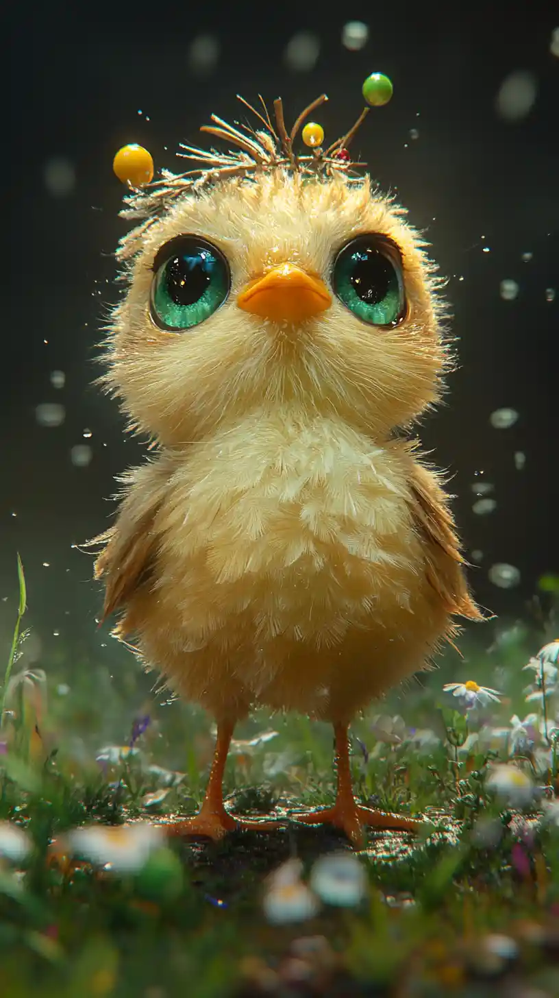 雨の花畑にいるふわふわのかわいいヒヨコのイラスト