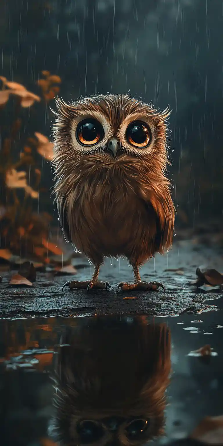 雨中黃昏水坑裡的小貓頭鷹插畫
