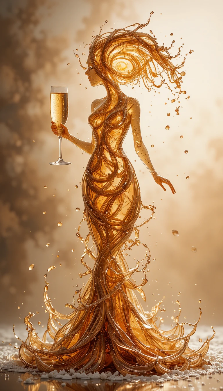 Champagnerspritzer formt eine weibliche Silhouette über einem Kuchen