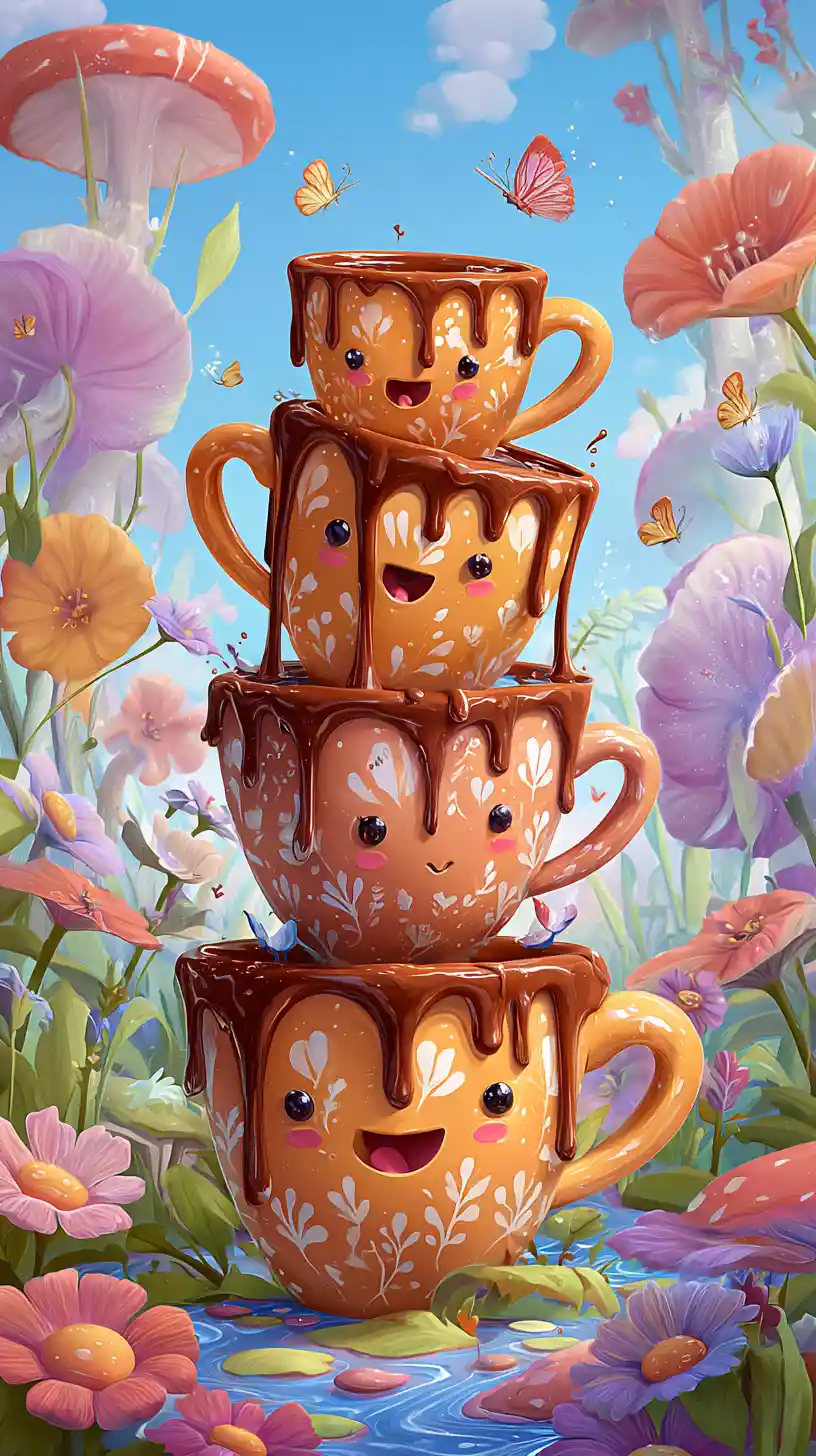 Verspielter Stapel Cartoon-Teetassen in einer fantastischen Blumenwiese