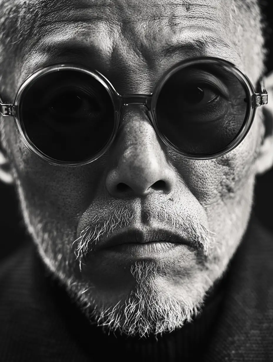 Gritty black and white close up portrait of an old man