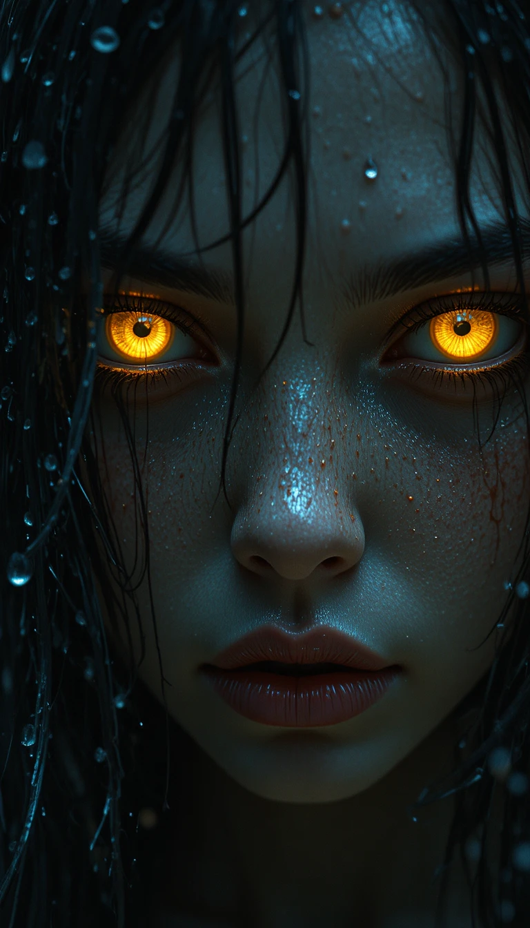 Spooky close up of a rain soaked chick with glowing eyes