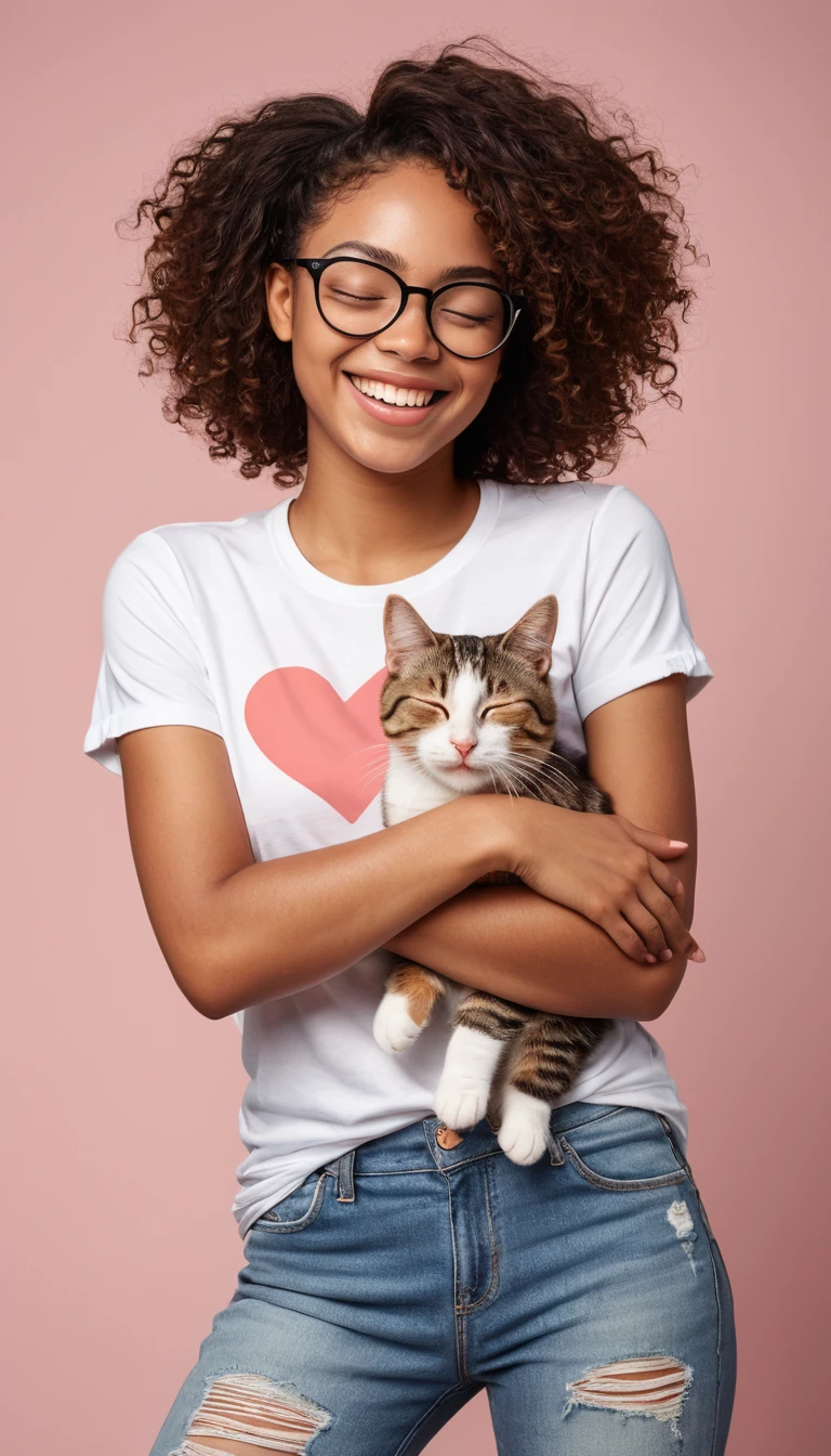 Illustrazione di giovane donna gioiosa che abbraccia un gatto tigrato
