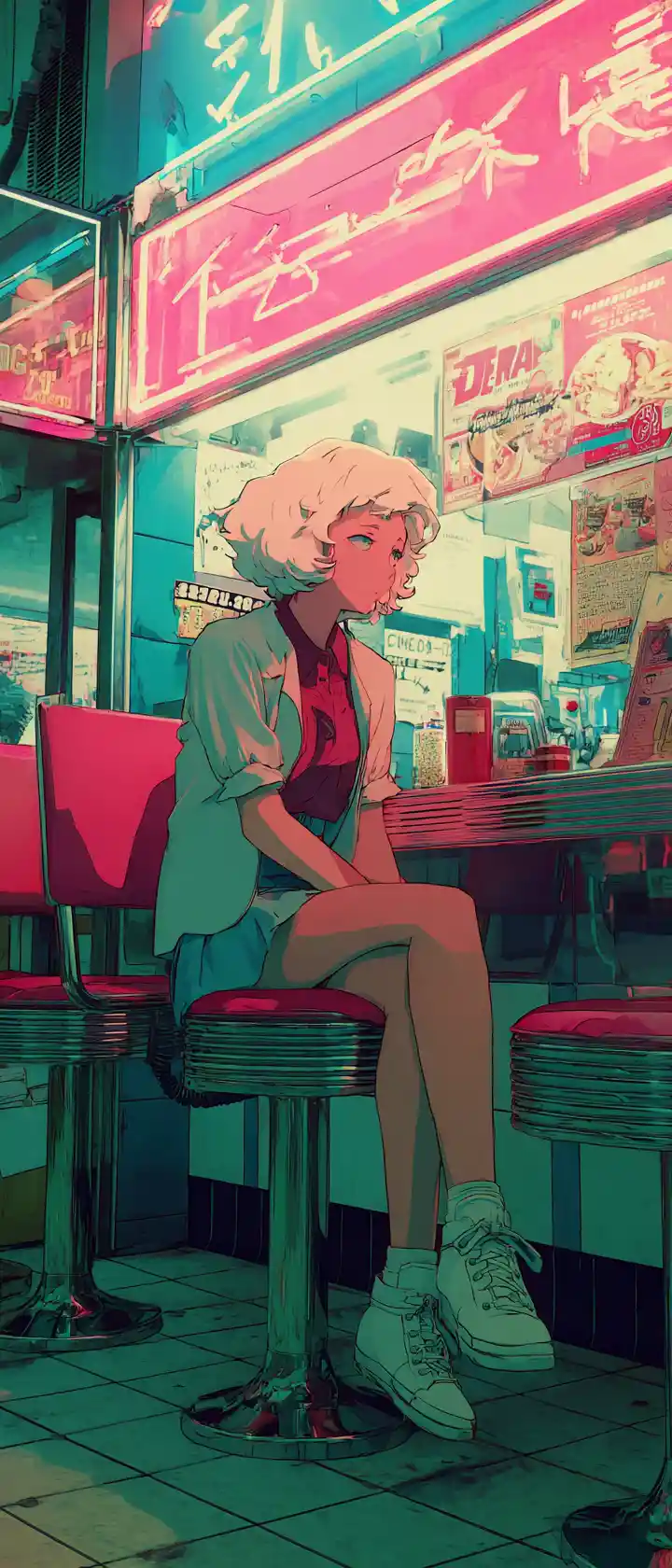 Garota de anime chorando sozinha em lanchonete retrô iluminada por neon