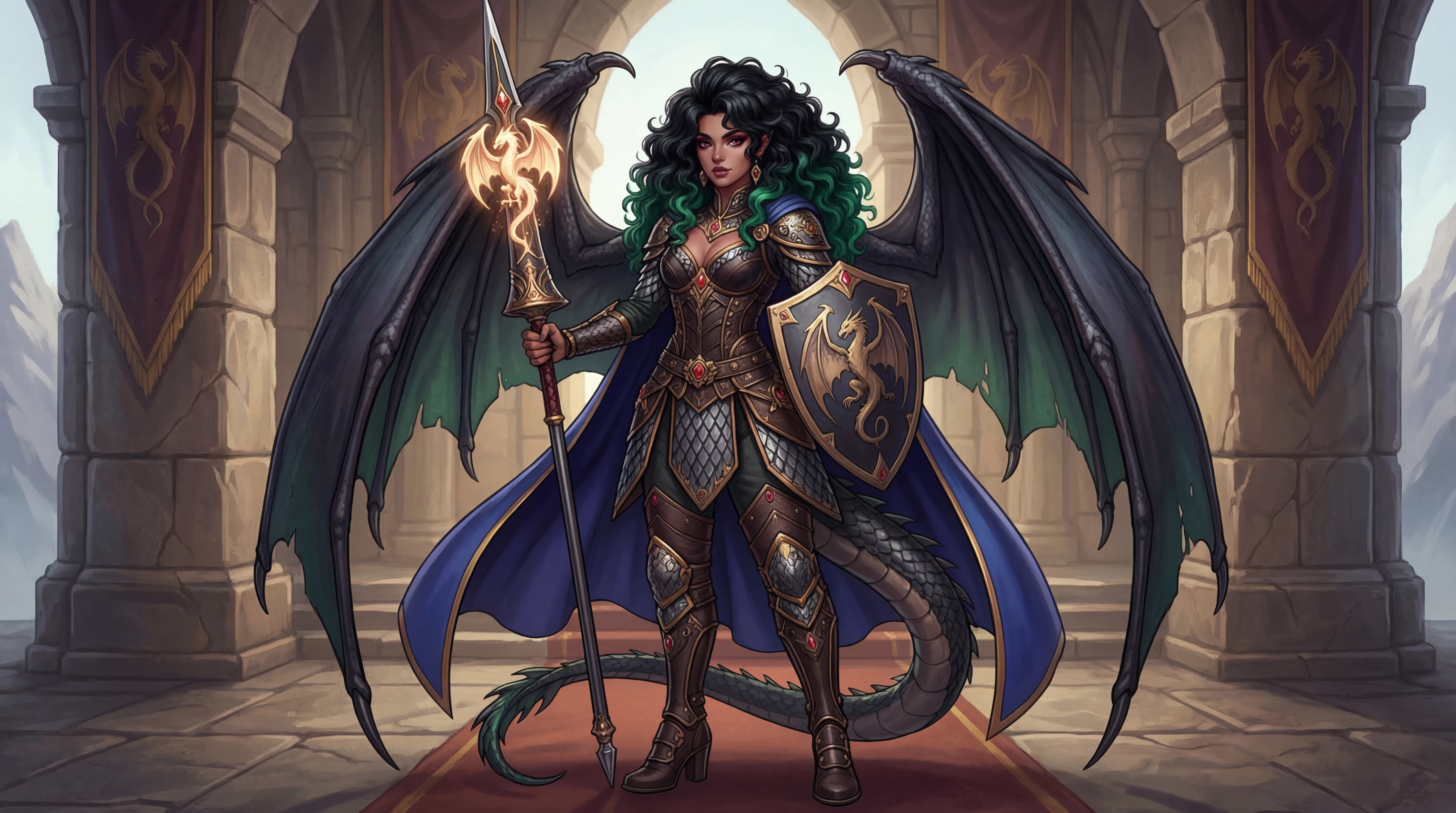 Regal harpy dragon queen with wings lance and shield