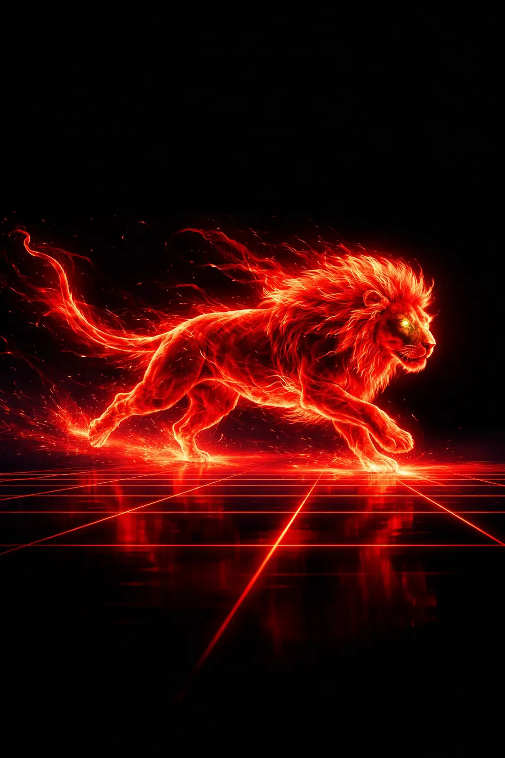 Fiery Red Energy Lion Running On Digital Grid
