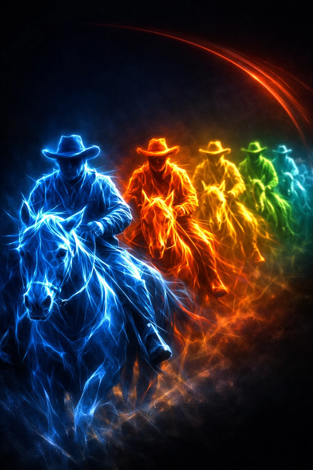 Cowboys fractais brilhantes a cavalo em procissão diagonal