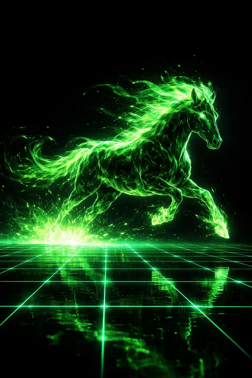 Green fire horse galloping across a glowing digital grid
