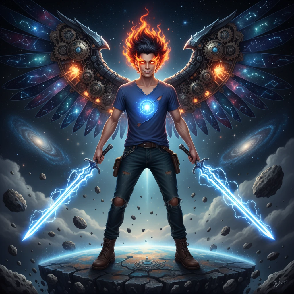 Brave cosmic guardian with mechanical wings and flaming hair
