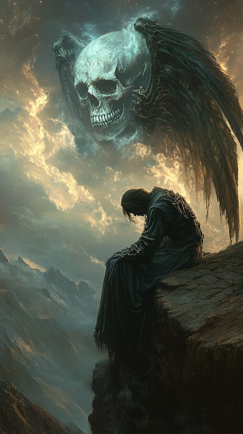 Anjo caído em um penhasco sob um crânio cósmico ameaçador