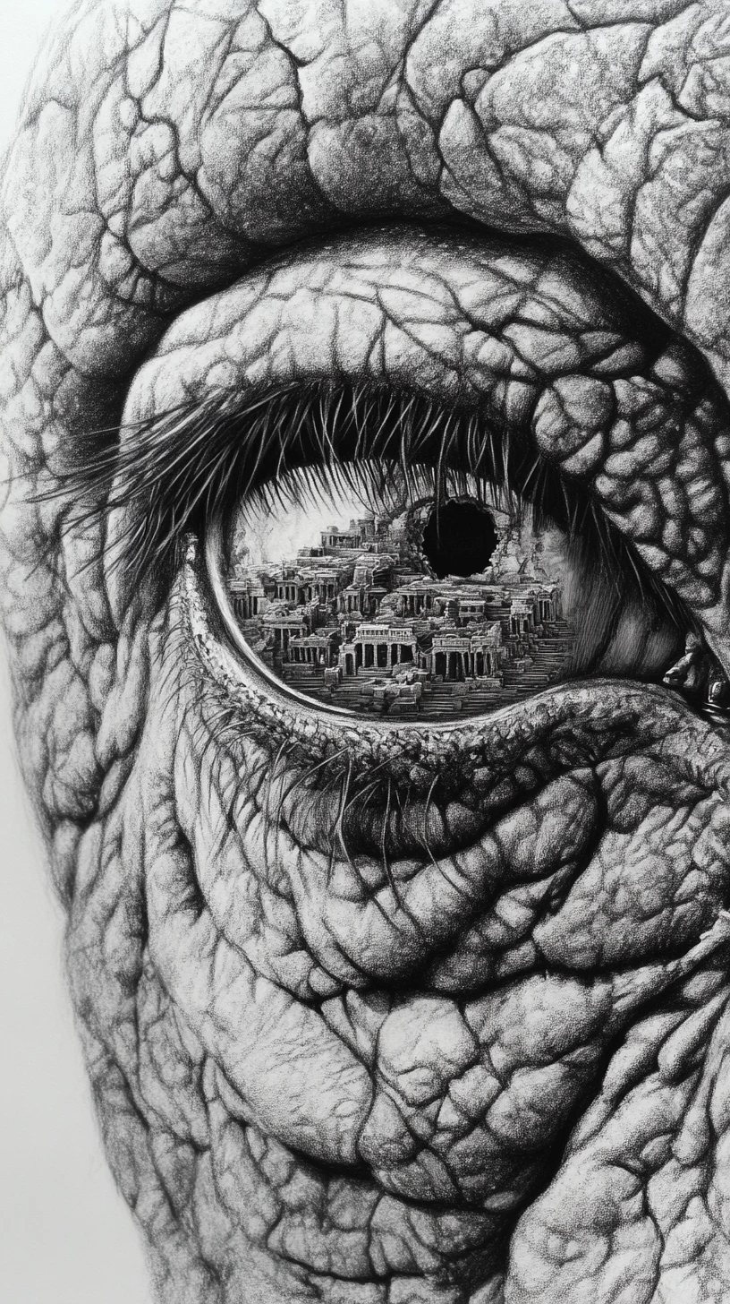 Close-up surreal do olho de um elefante com ruínas antigas