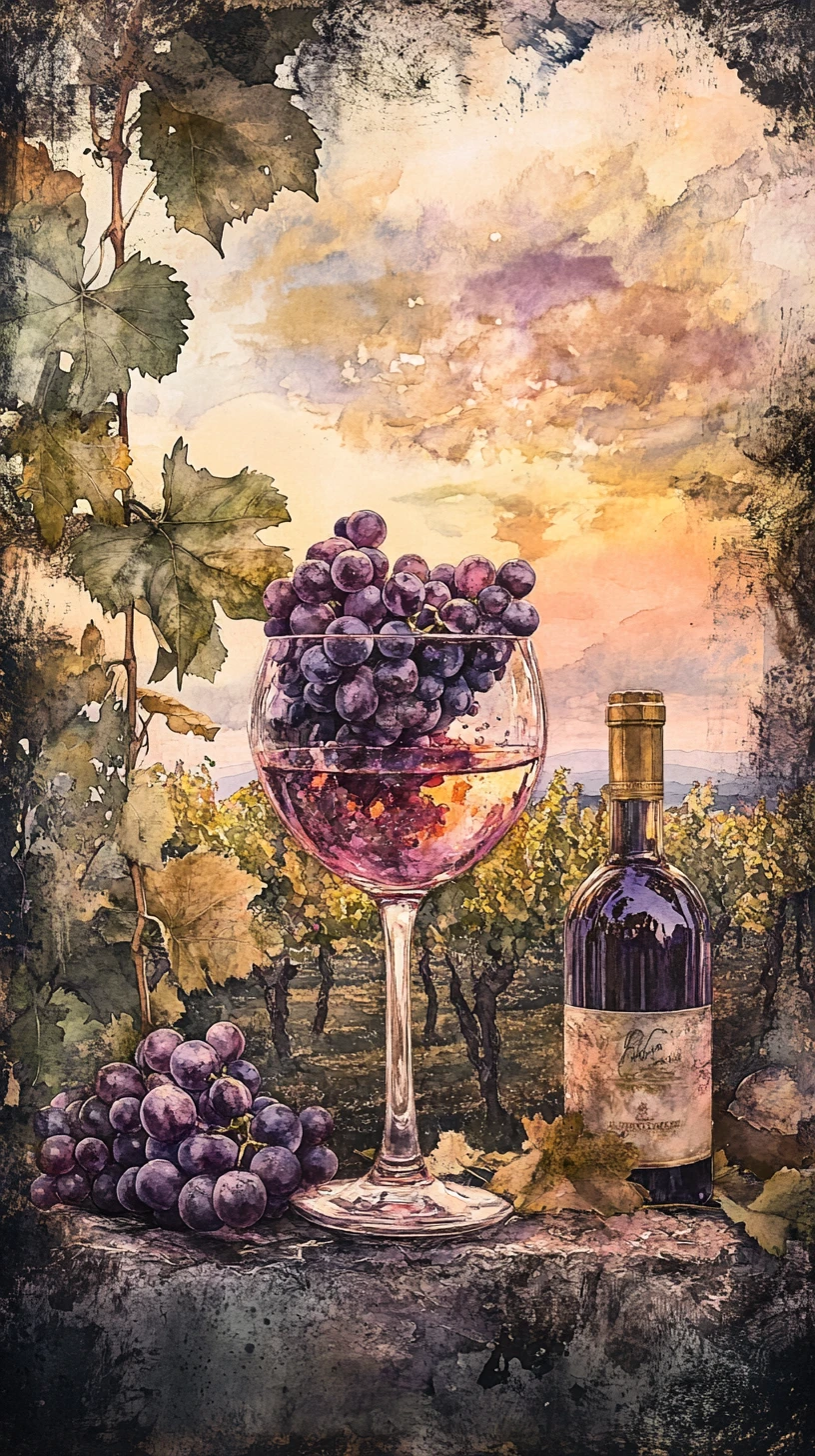Surreal vineyard at dusk with grapes and wine glass