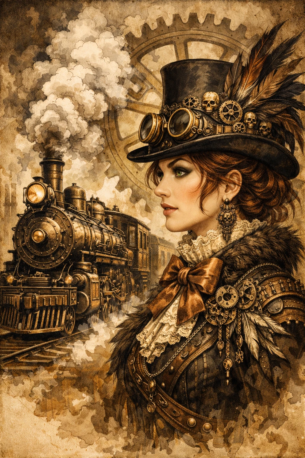 Femme steampunk au haut-de-forme près d’une locomotive à vapeur vintage