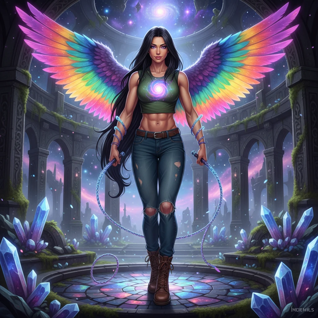 Amazonian warrior woman with rainbow angel wings in space