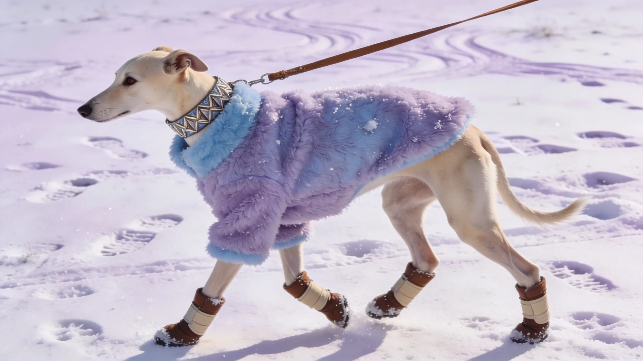 Cão esguio com casaco lavanda caminhando por um campo nevado