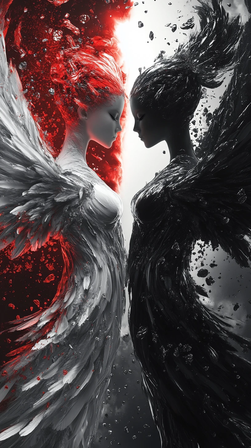 High contrast yin yang with angels and glowing red light