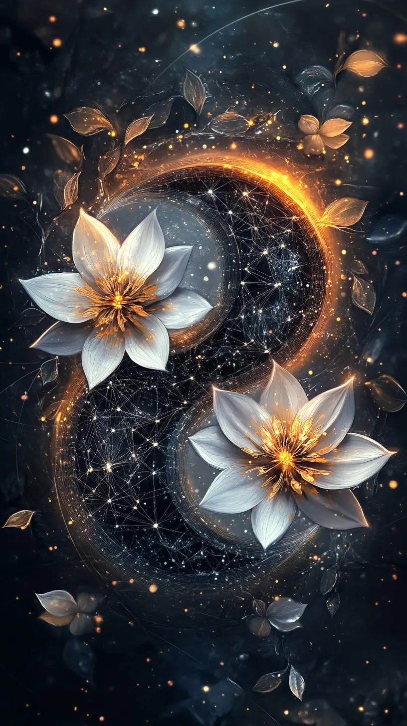 Symmetrical yin yang symbol with glowing floral harmony