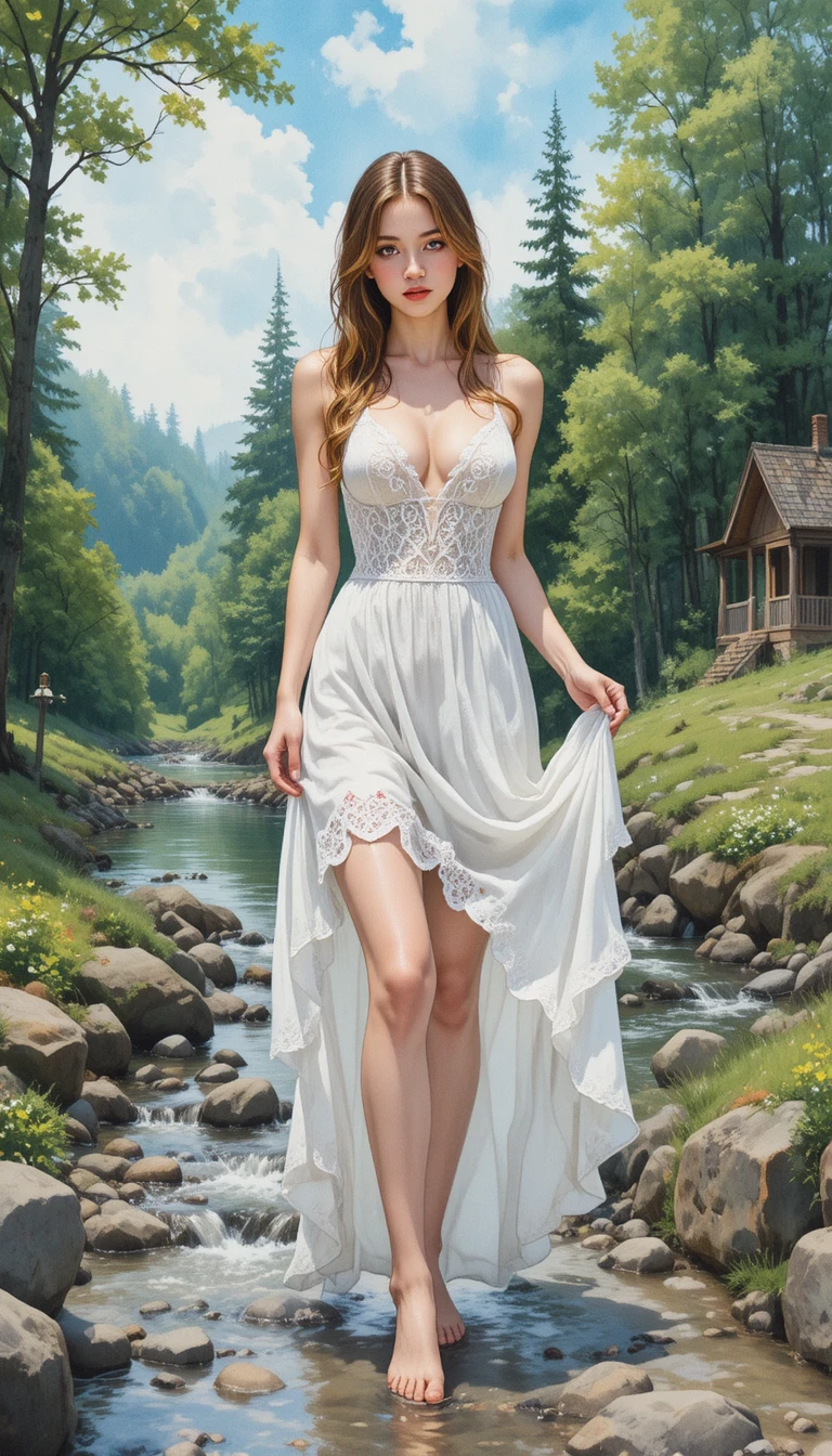 Mulher em vestido branco de renda à beira de um riacho na floresta em aquarela