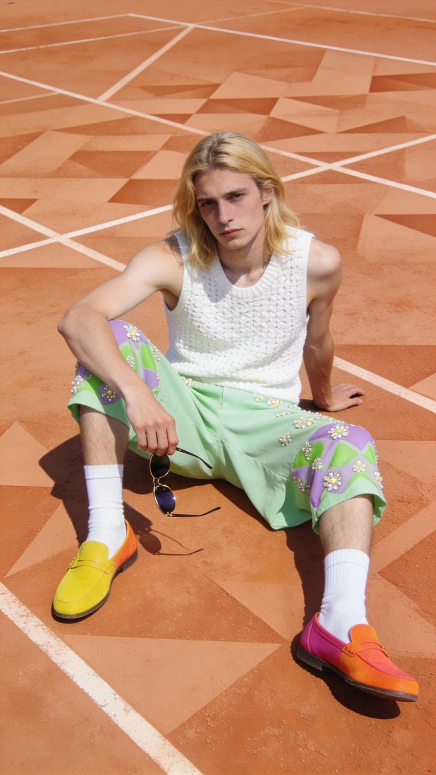 Giovane uomo con canottiera bianca e colorati pantaloncini a fiori seduto su un pavimento arancione a motivi geometrici.