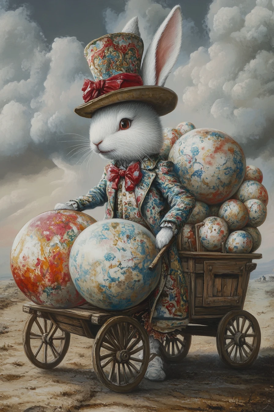 Lapin anthropomorphe tirant une charrette de sphères ornées