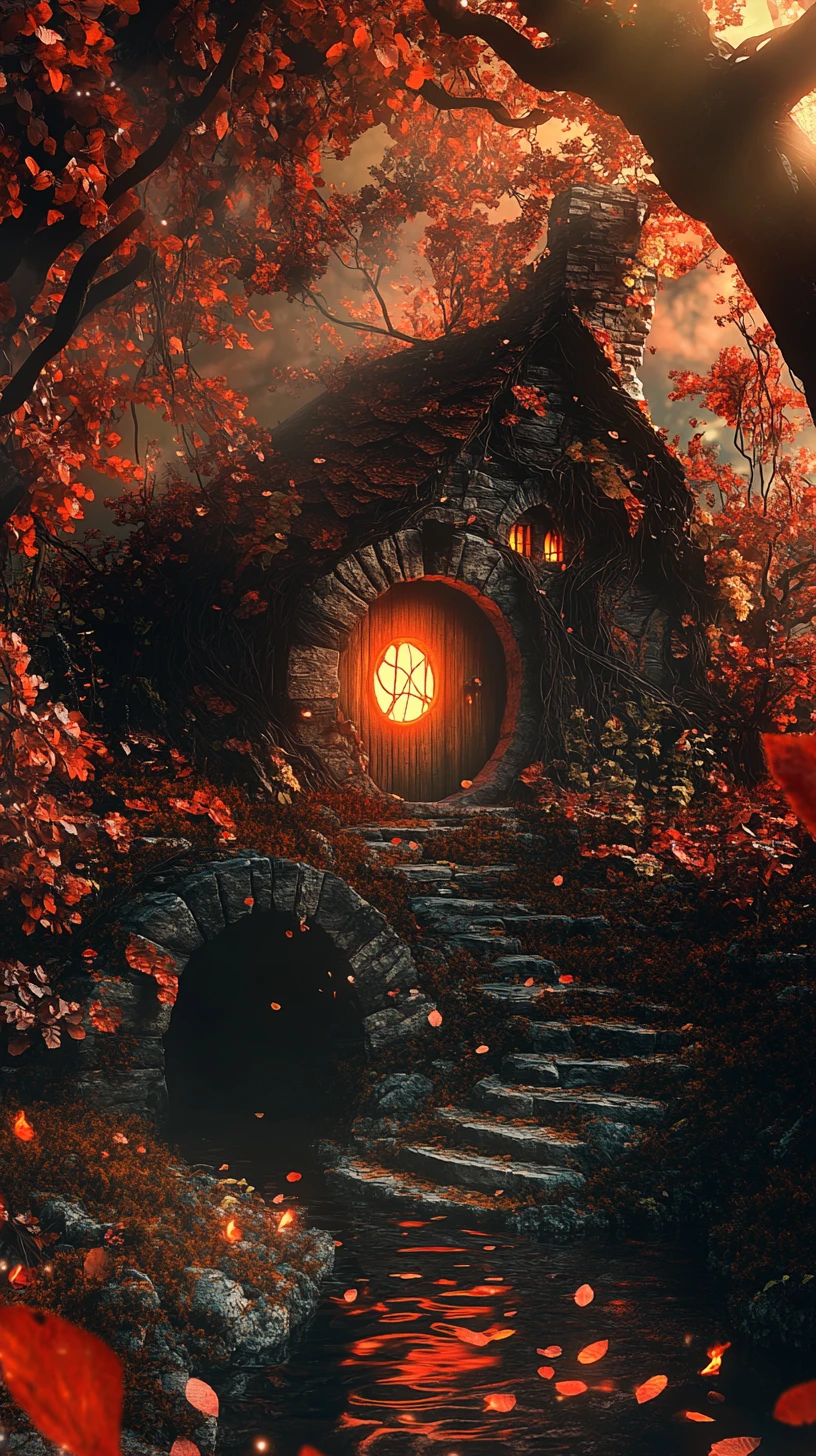 Surreal autumn forest realm inside a giant leaf