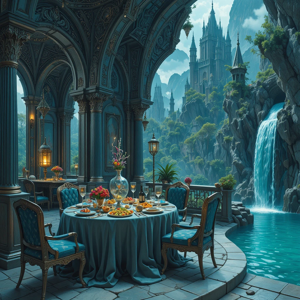 Luxuriöser Fantasy-Palastbalkon mit Grotto-Dachterrasse zum Speisen