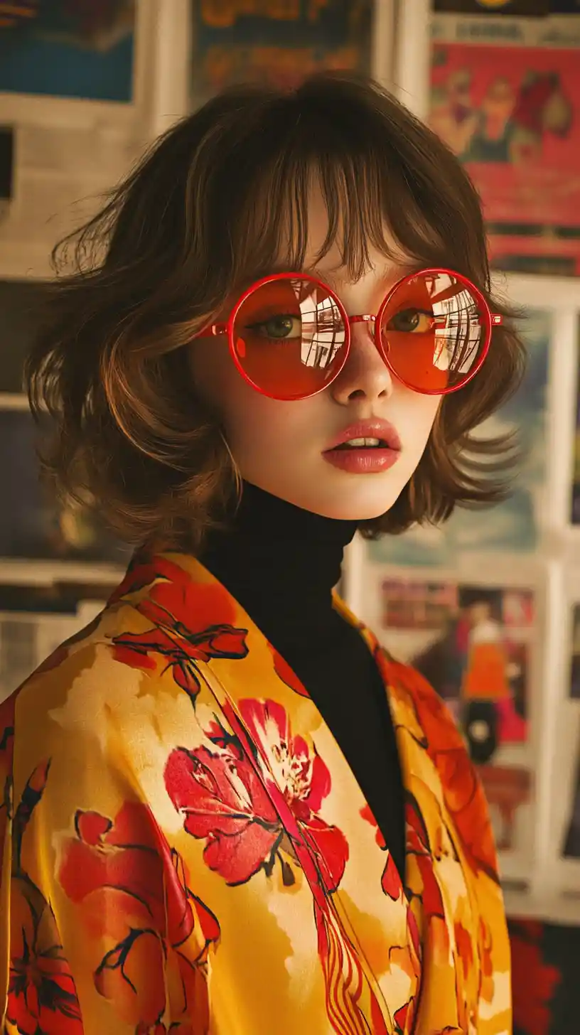 Chica con estilo en kimono floral con fondo de póster retro