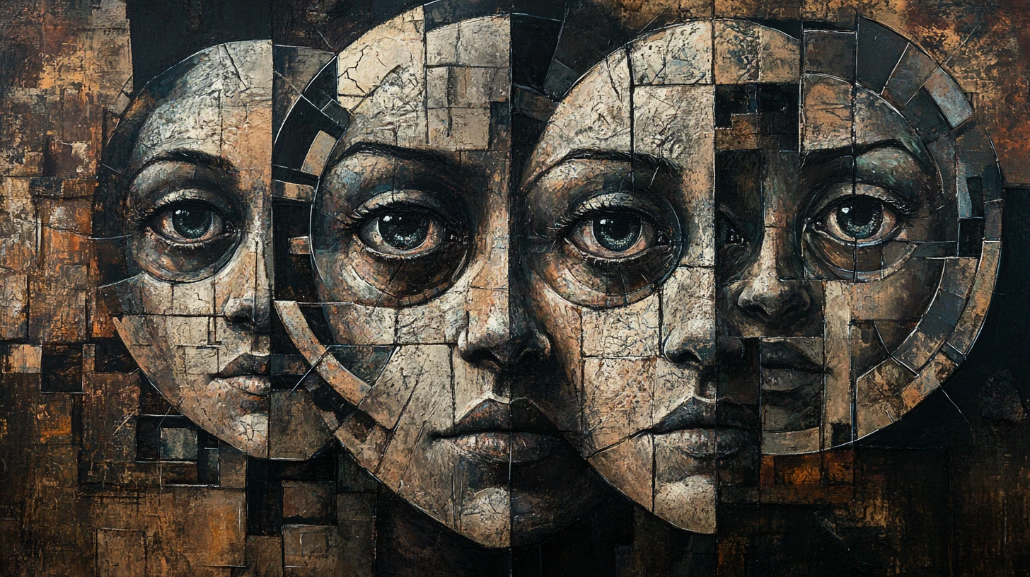 Retrato cubista surrealista de rostos humanos mecânicos fragmentados