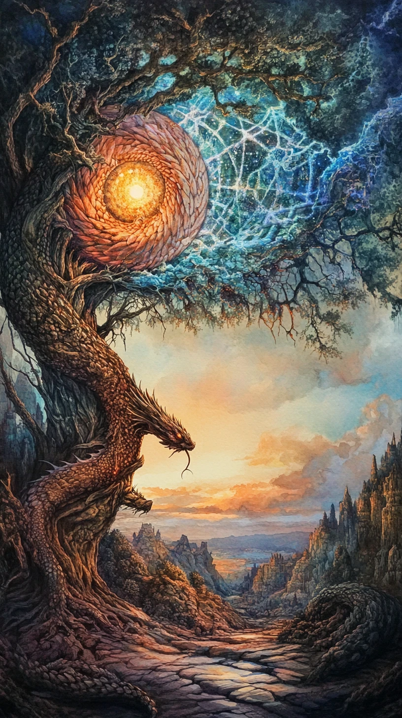Árvore espinhosa surreal erguendo-se sobre uma paisagem antiga e mística