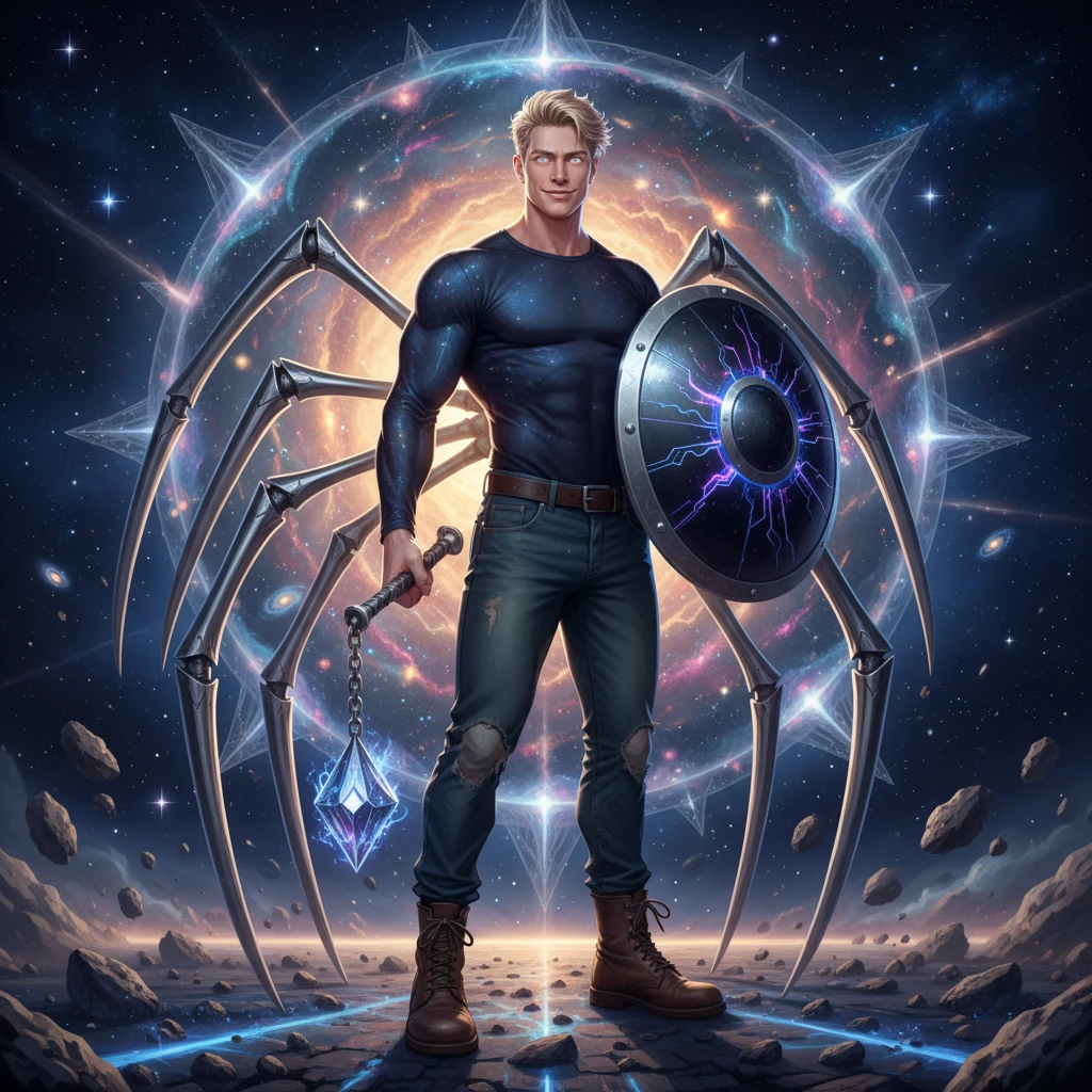 Blonde cosmic guardian man with silver spider limbs