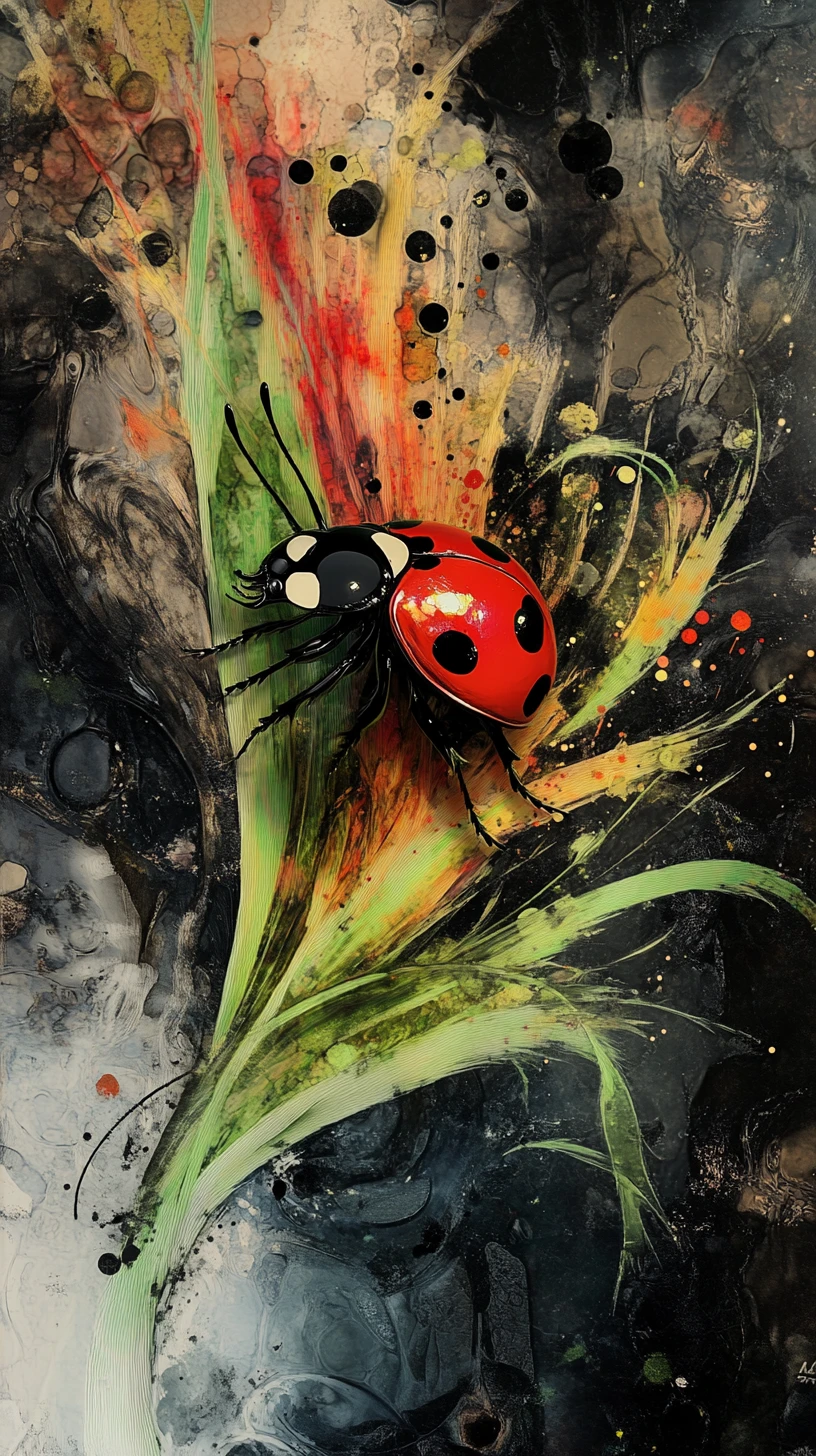 Coccinella surreale con corpo d’erba su sfondo astratto scuro