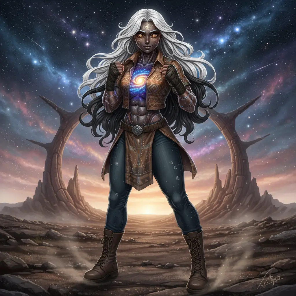Brave cosmic guardian woman with bronze eyes and jeans