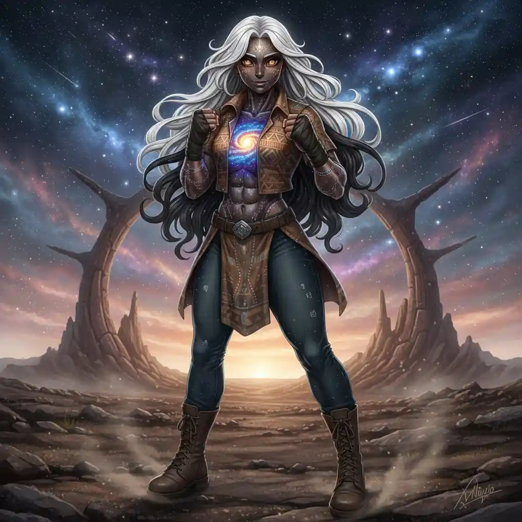 Brave cosmic guardian woman with bronze eyes and jeans