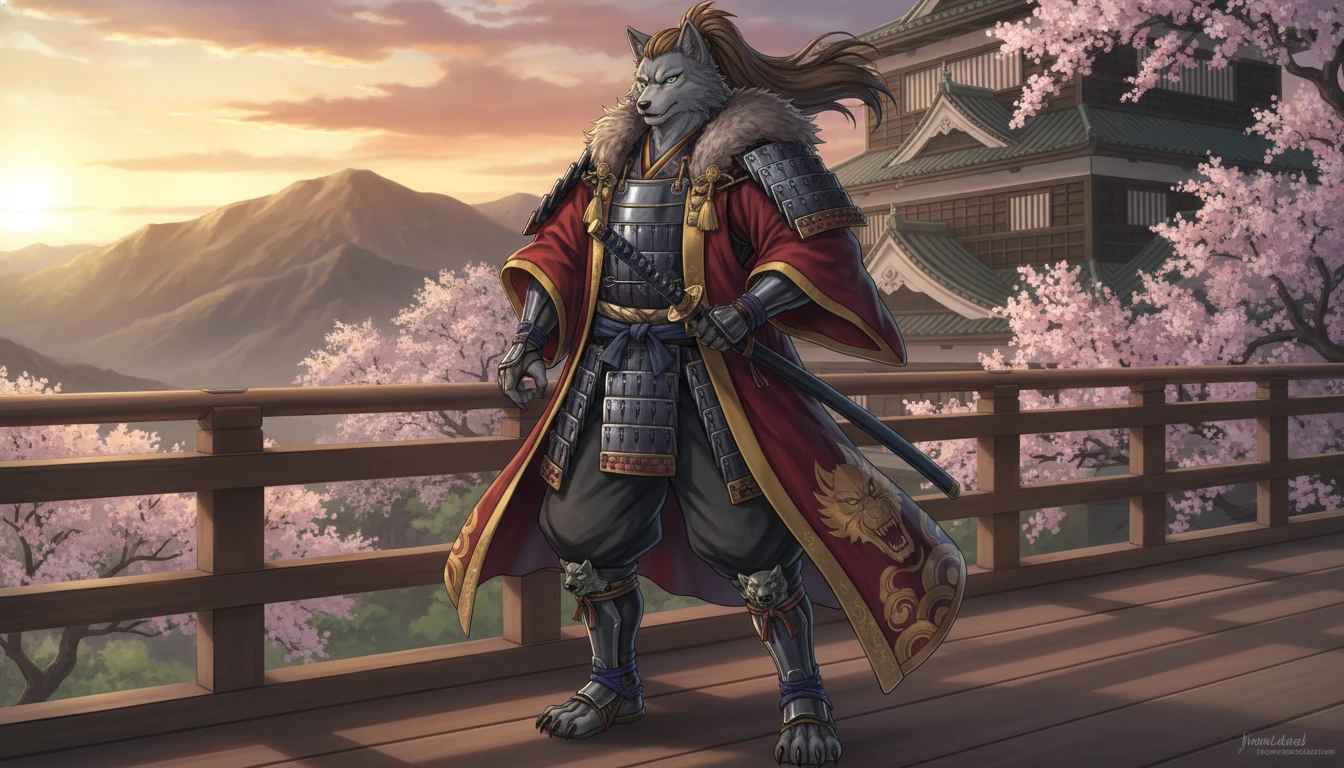 Roi loup samouraï anthropomorphe en armure royale ornée