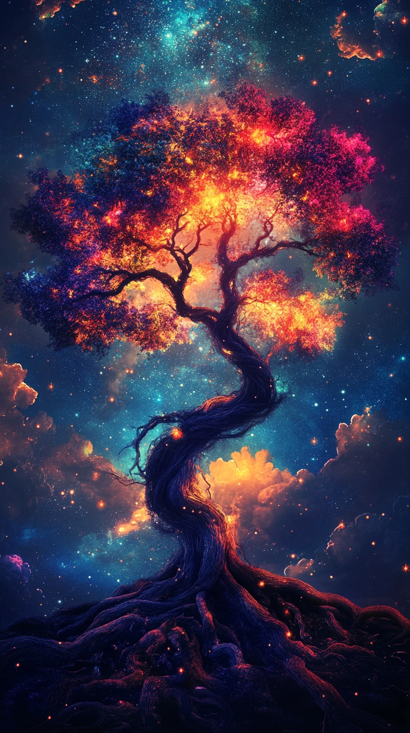 Árbol cósmico brillante que se eleva hacia un cielo nocturno estrellado