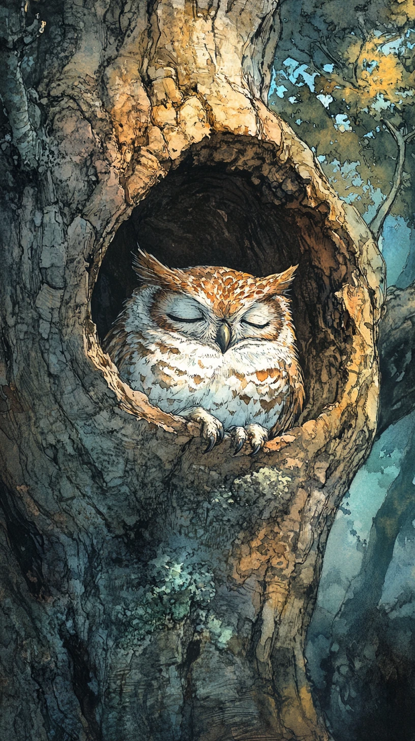 Schläfrige, flauschige Eule ruht in einer stillen Baumhöhle im Wald