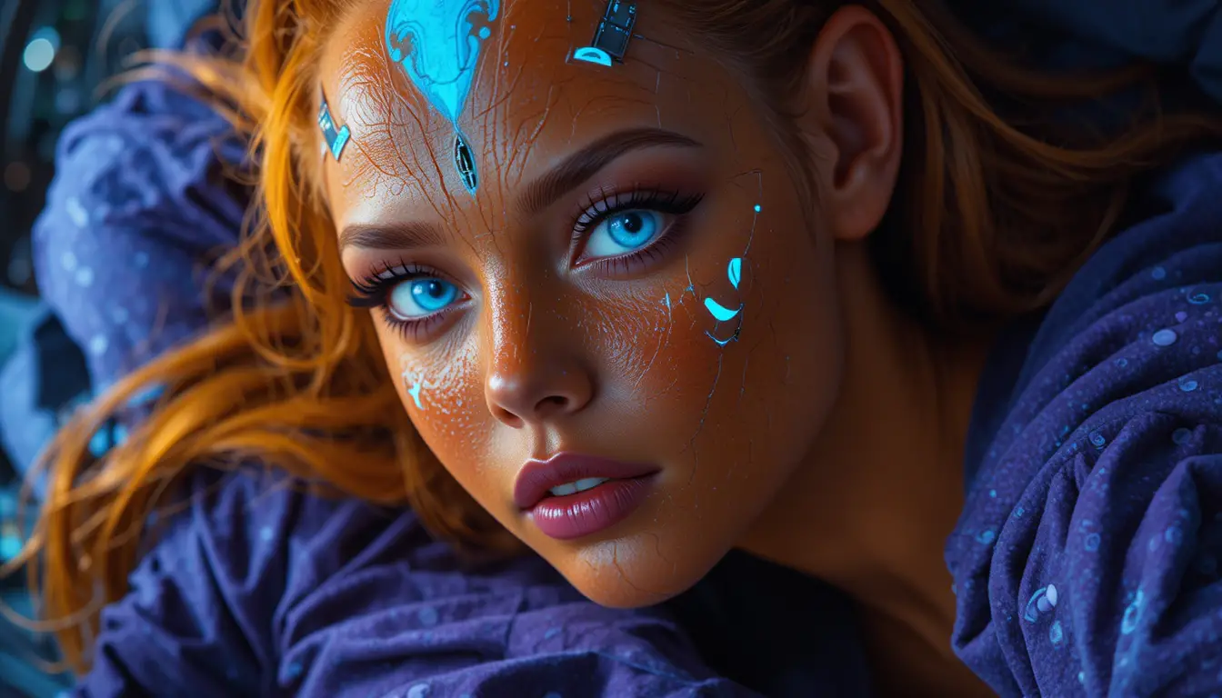 Retrato de mulher alienígena com implantes brilhantes em cama de nave espacial