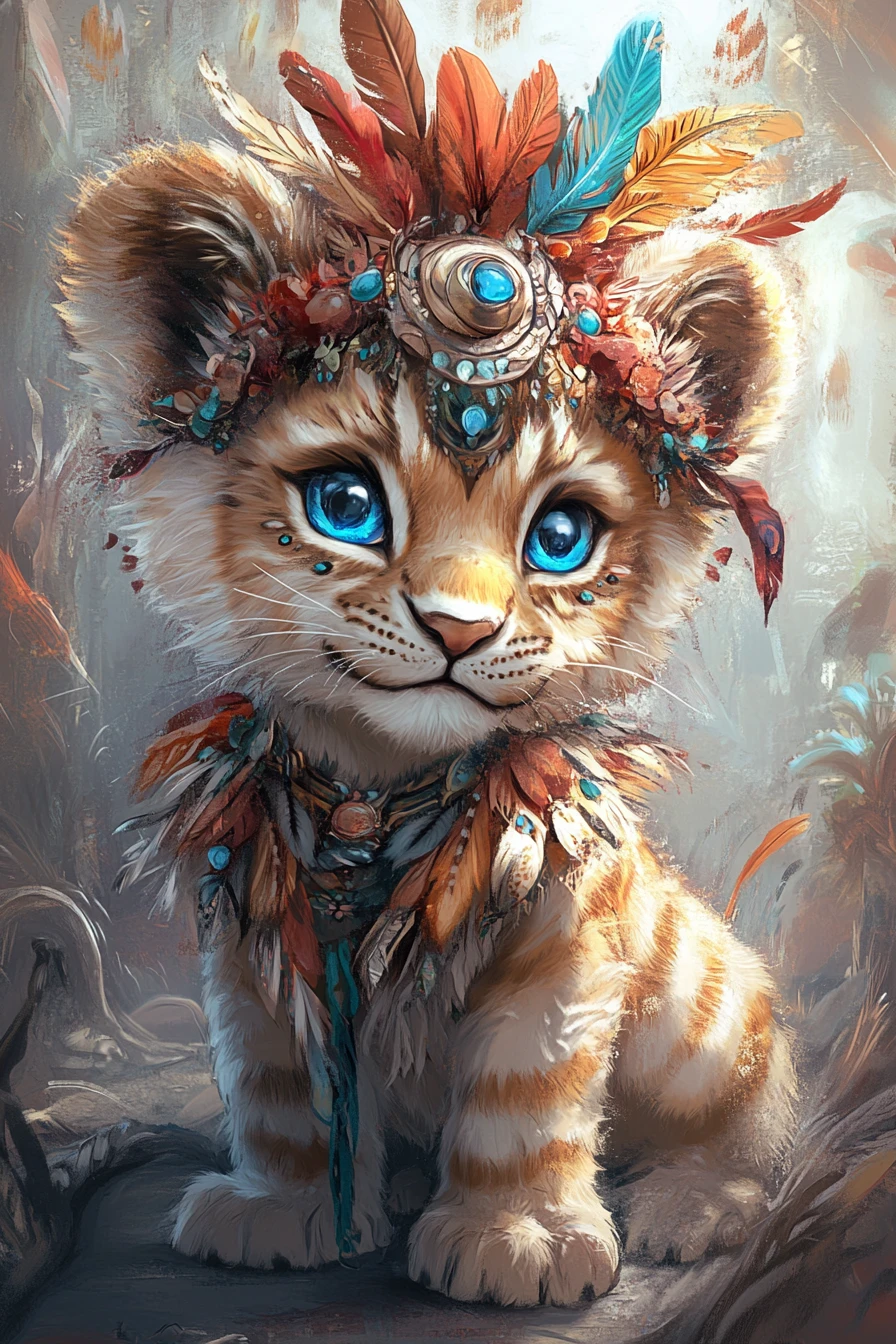 華麗花羽頭飾的奇幻小獅子