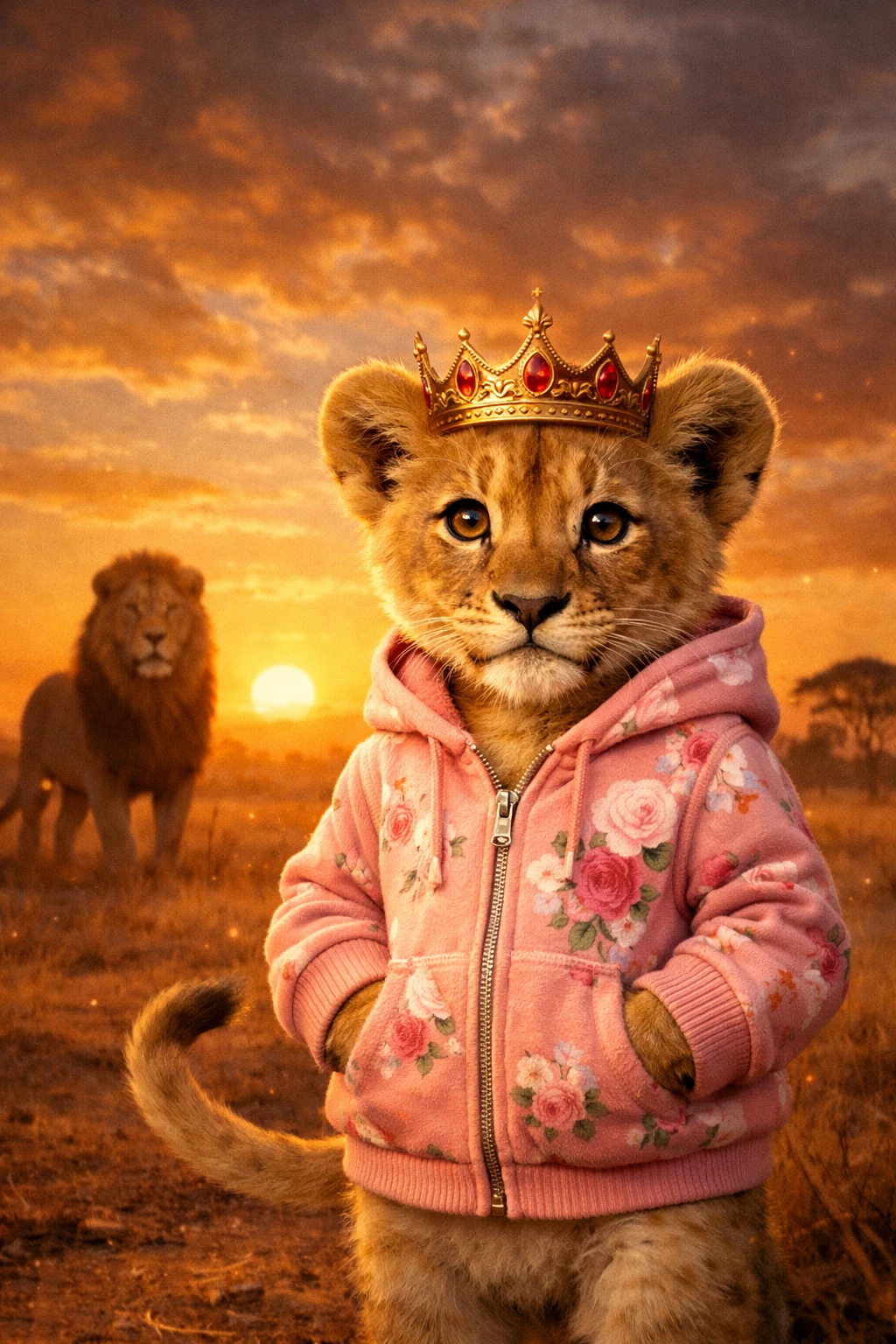 Filhote de leão de moletom rosa coroado ao pôr do sol brilhante na savana