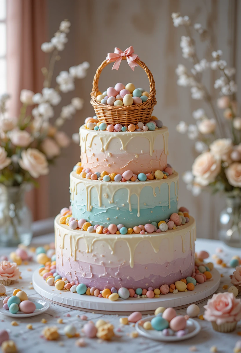 Bolo de Páscoa elegante de três andares com topo de cesta de doces