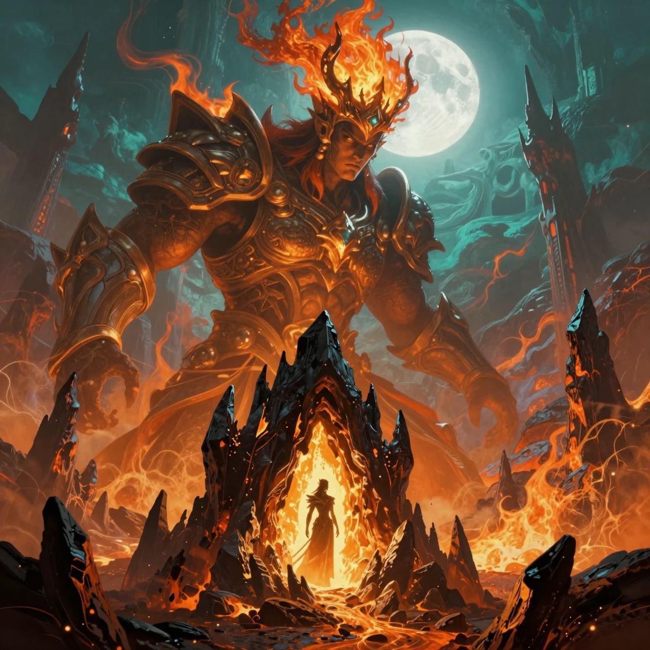 Guerriero gigante corazzato su paesaggio vulcanico fantasy al chiaro di luna