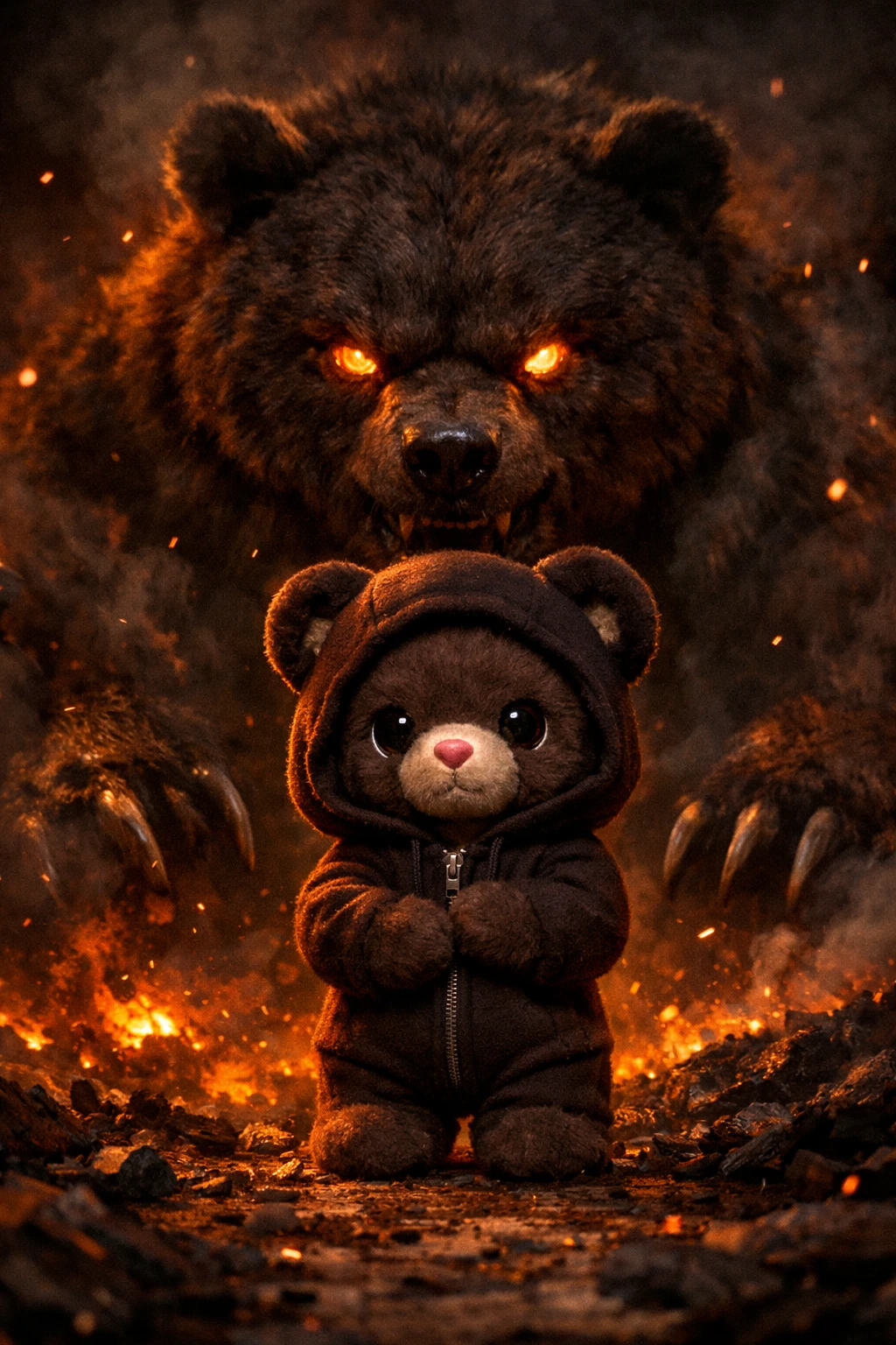 Pequeno urso de pelúcia com capuz diante de uma fera flamejante ameaçadora