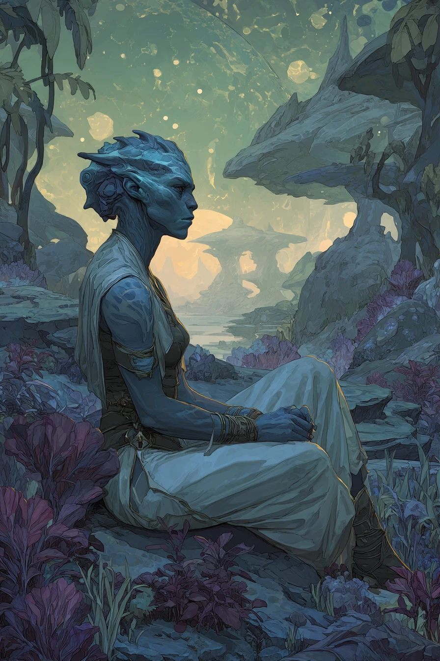 Alien woman in starlight tunic seated on moonrock