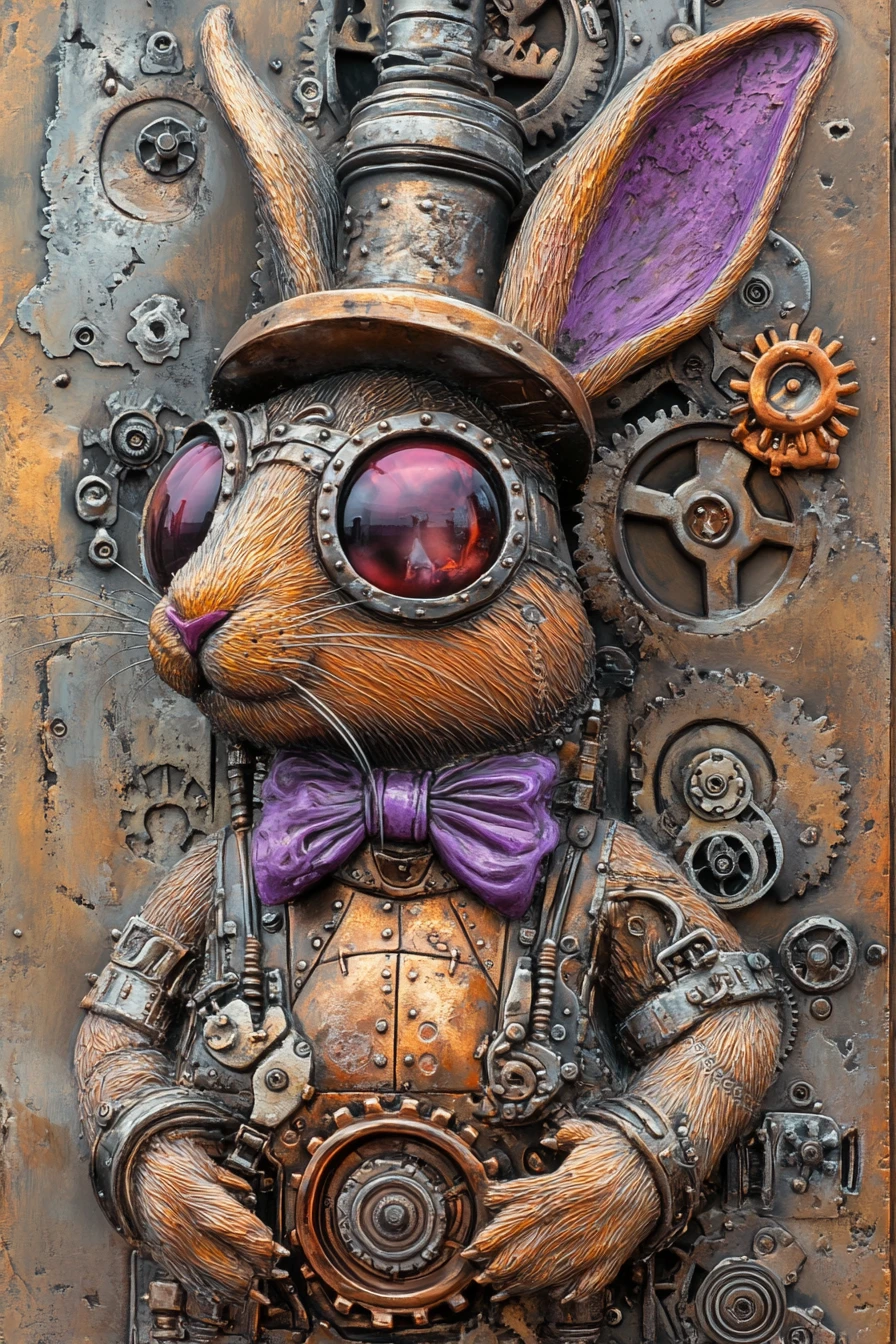 Surrealer Steampunk-Mechanik-Hase in Vintage-Messingrüstung