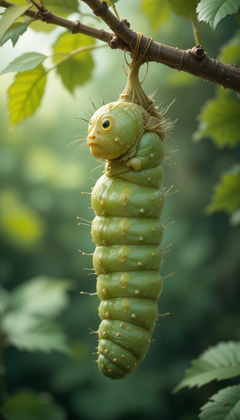 Caterpillar Forming Chrysalis On Branch With Soft Background