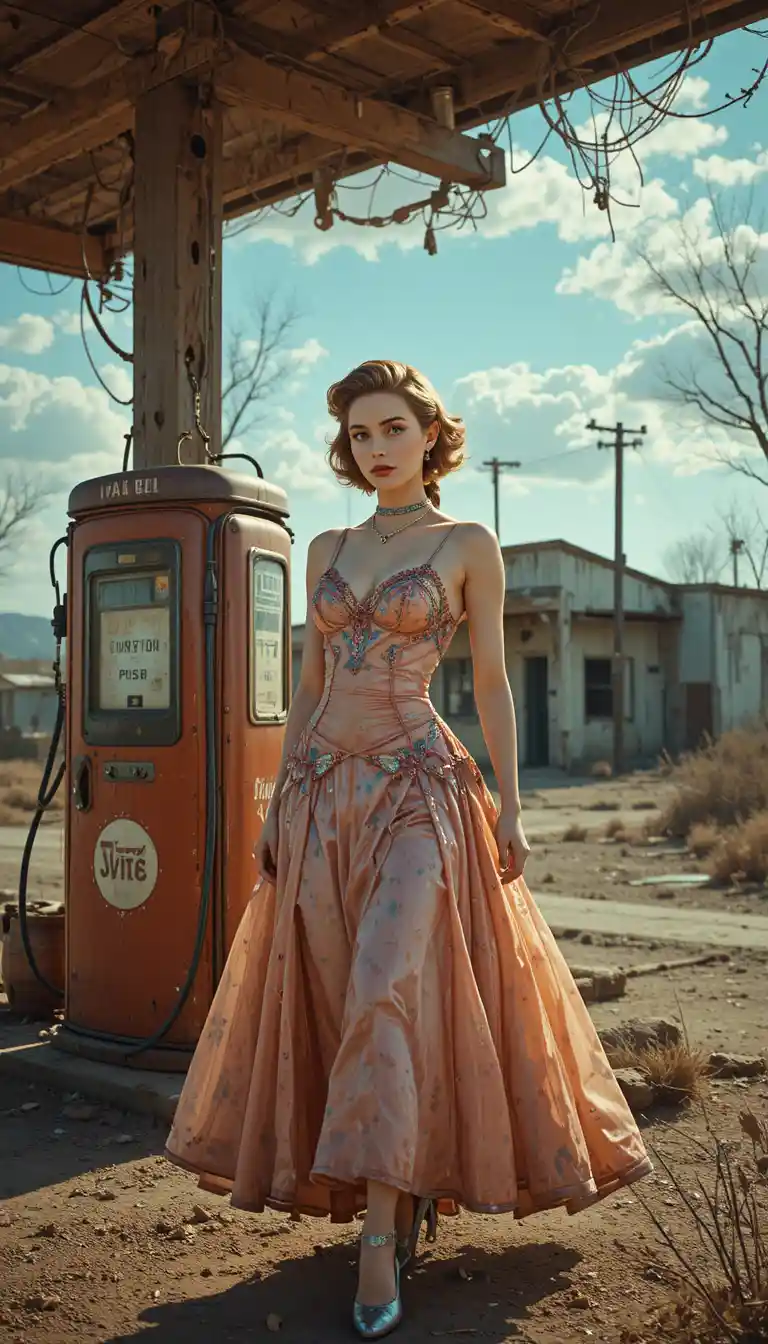 Vintage woman portrait in a surreal wasteland gas station