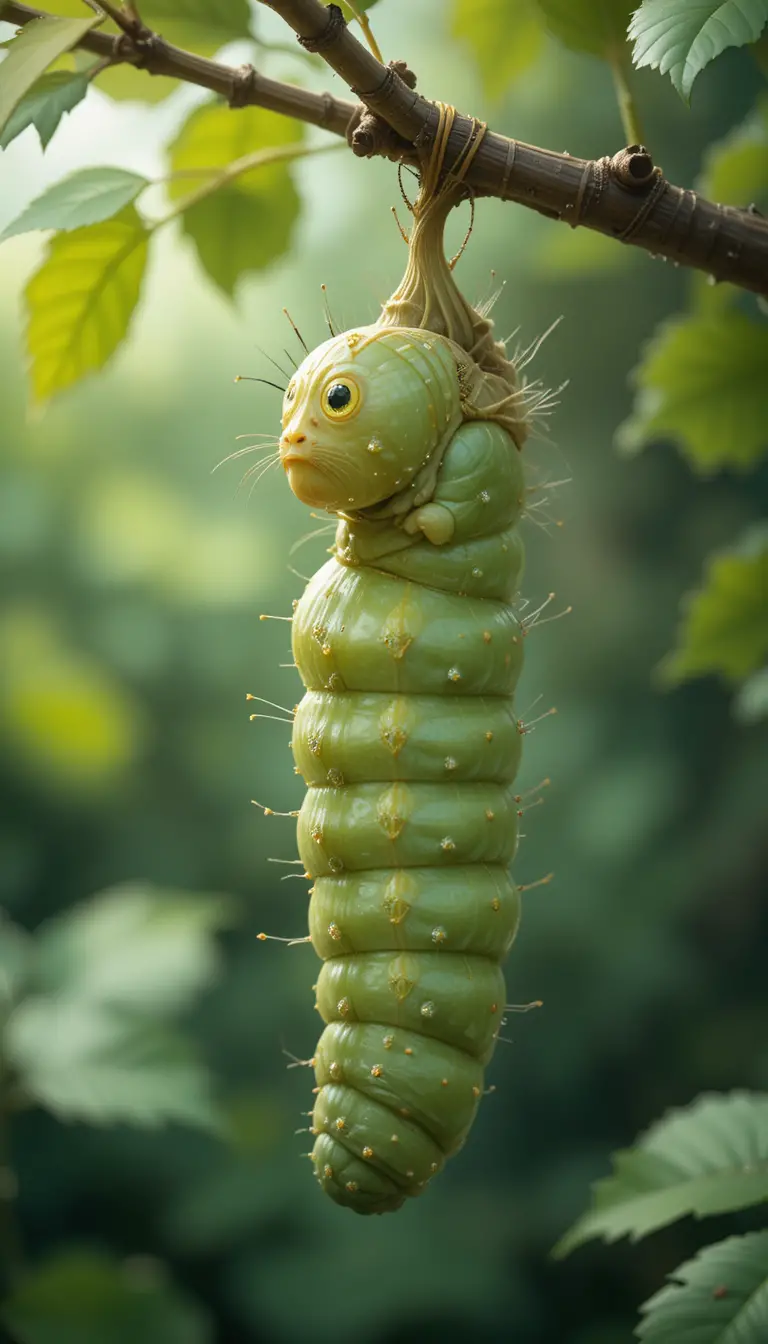 Caterpillar Forming Chrysalis On Branch With Soft Background
