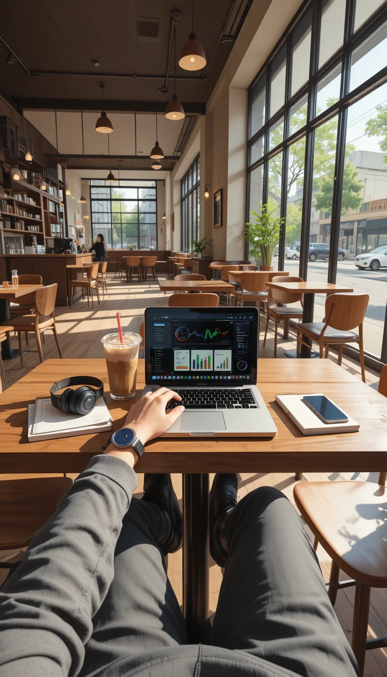 Espacio de trabajo en primera persona en una acogedora cafetería moderna