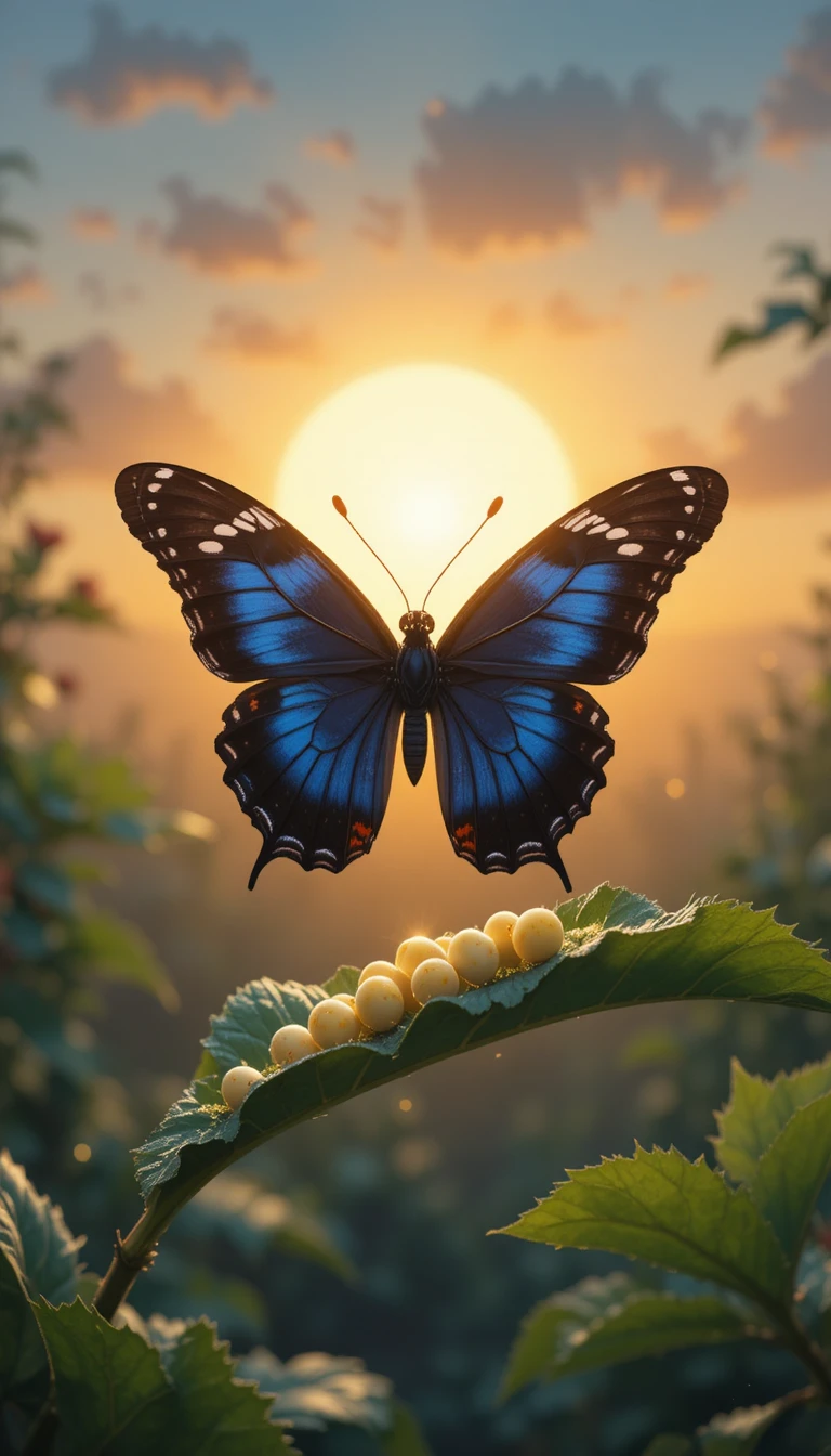Papillon pondant des œufs sur une feuille à la lumière chaude de l’aube